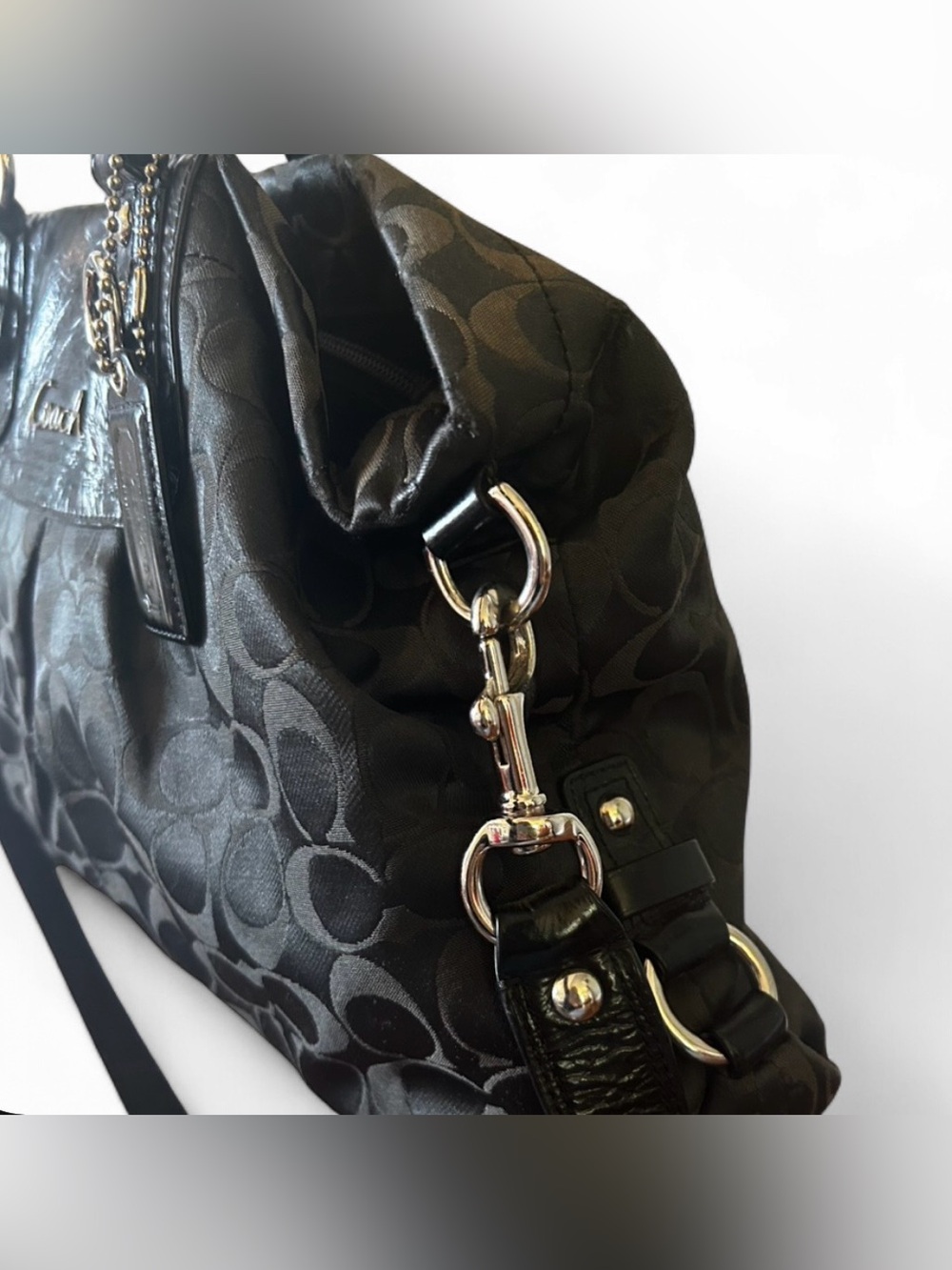 Coach Ashley Signature Black Sateen and Leather Satchel with Silver Hardware - Picture 6 of 11